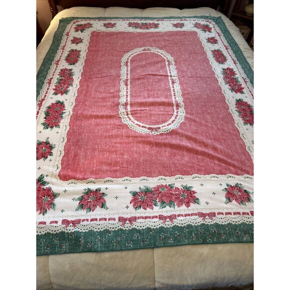 VTG Sunweave Linen Christmas Tablecloth Poinsettias Red & Green 69X49" rectangle - Picture 7 of 8